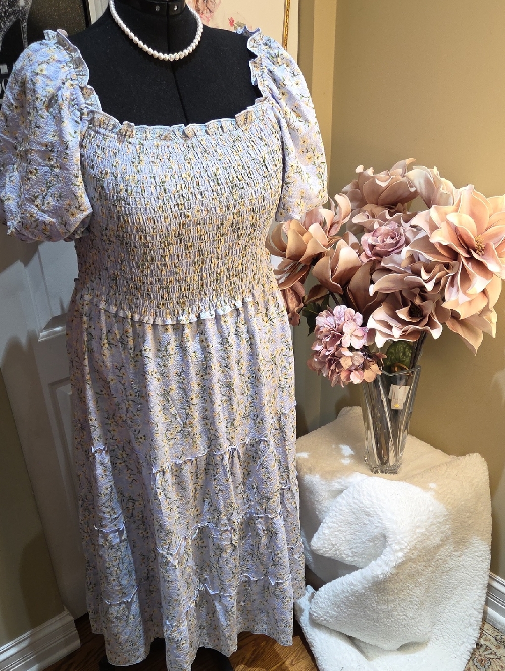 Nwt 1x, 2x Max Studio Light Blue Floral Smocked Maxi Dress B1 - Picture 13 of 17